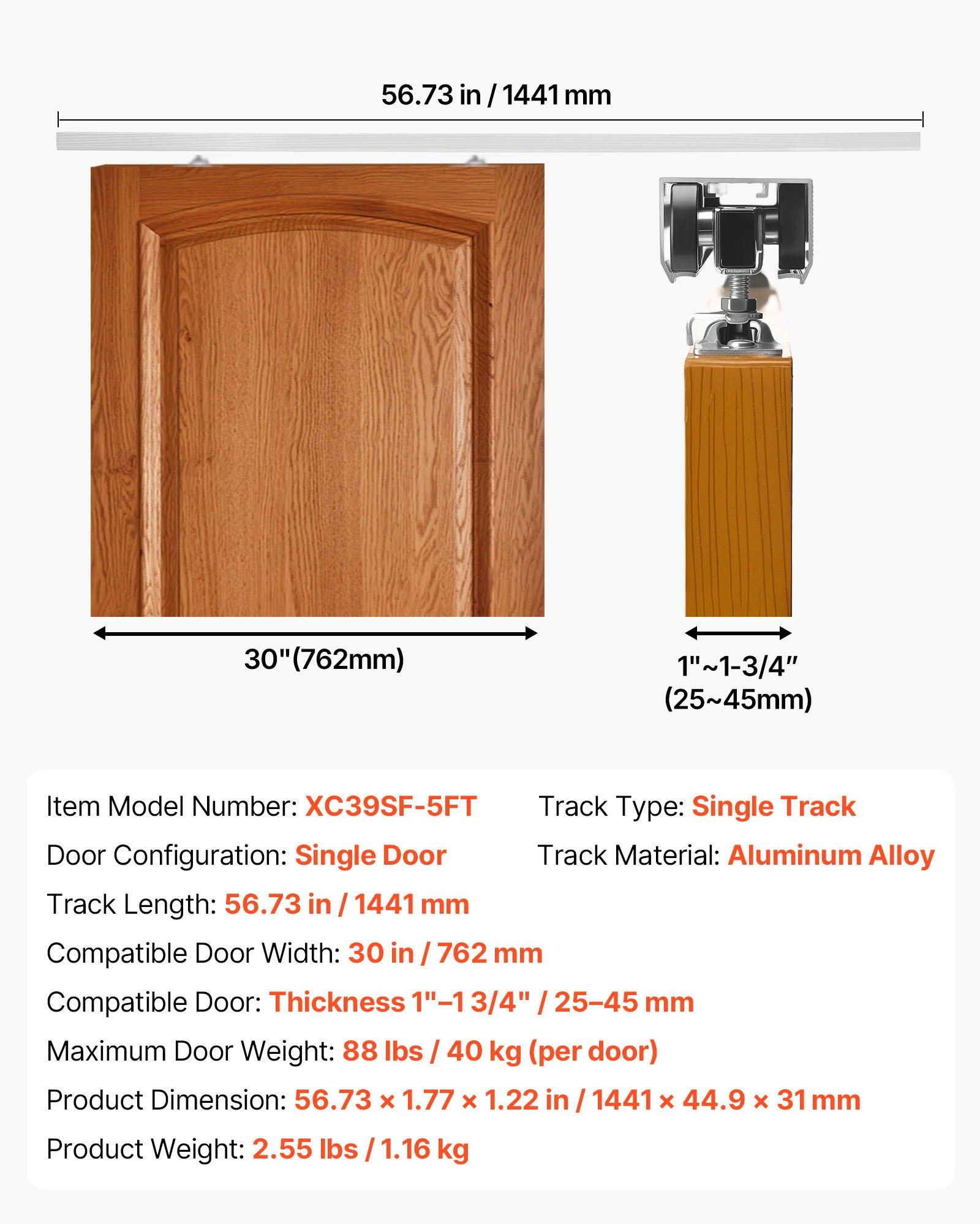 Sliding Pocket Door Hardware Track Kit, 56.73" Pocket Door Track Kit With Soft Close Mechanism For Smooth And Quiet Sliding, Easy To Install, For 1" To 1 3/4" Thickness 30" Width Single Door