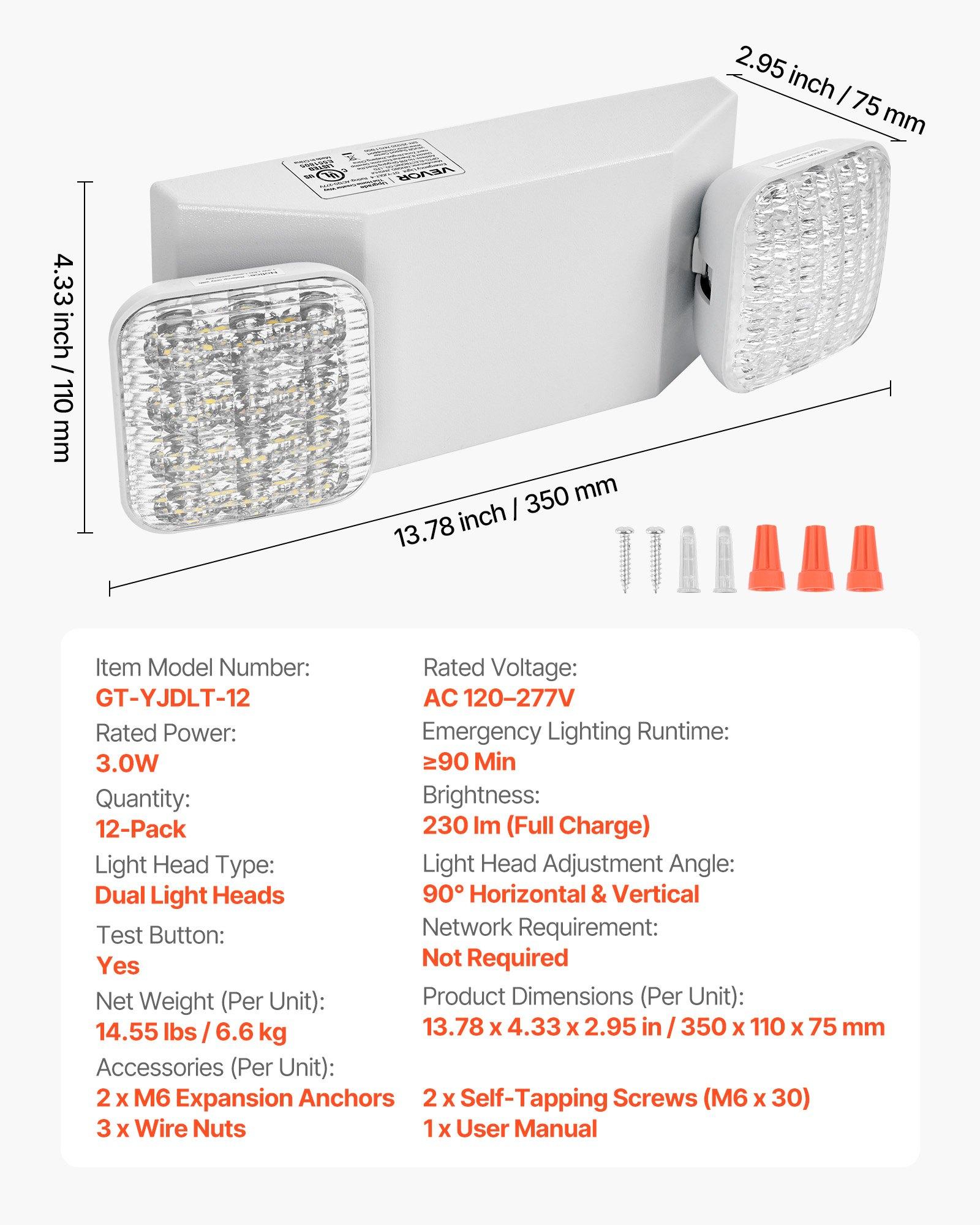 12 Pack Emergency Lights For Business, With Battery Backup, Commercial LED Emergency Exit Lighting Fixtures, AC 120/277V, With Two Square Head Adjustable, 90-Minute Backup, For Business, White