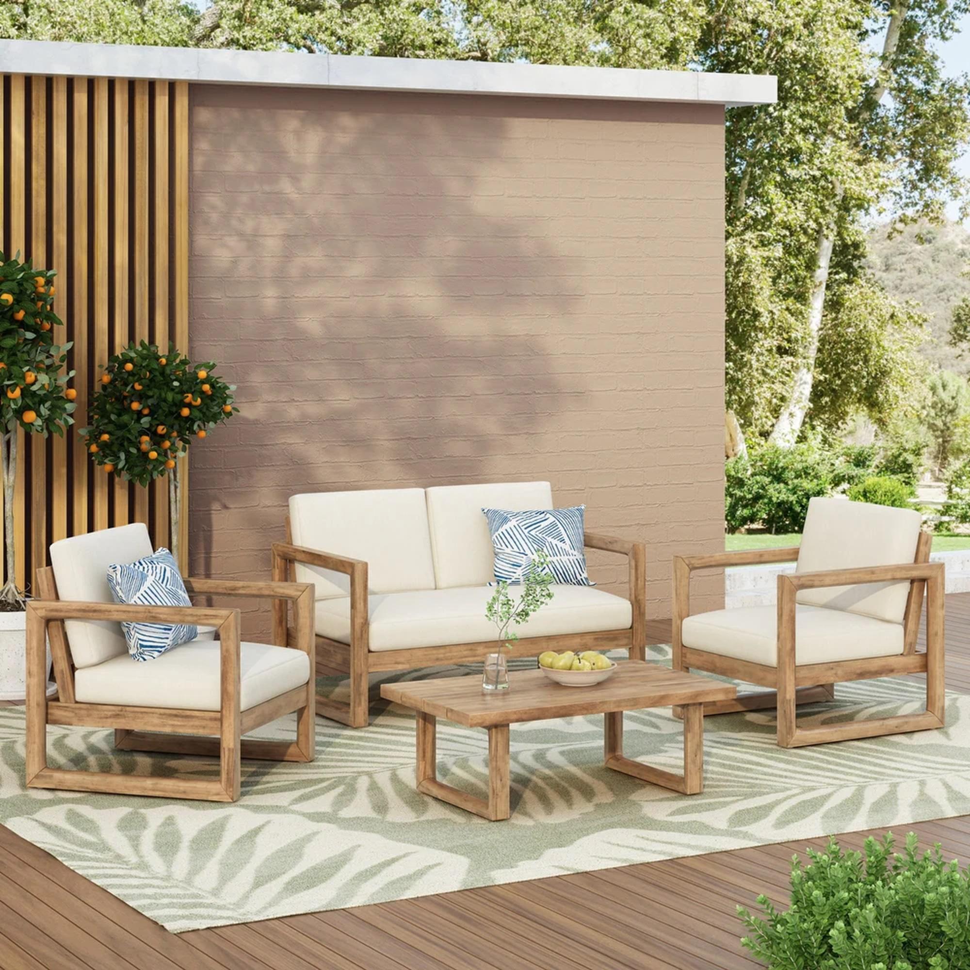 4-Pieces Acacia Wood Patio Furniture Set, Outdoor Furniture With Coffee Table, Patio Conversation Set Deep Seating With Soft Cushion, Porch Chairs For Porch Balcony, Brown Wash, Beige