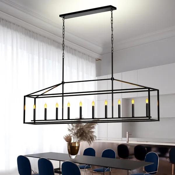 10 Lights Farmhouse Black Chandelier Rectangular Linear Pendant Lighting For Dining Room Kitchen Island