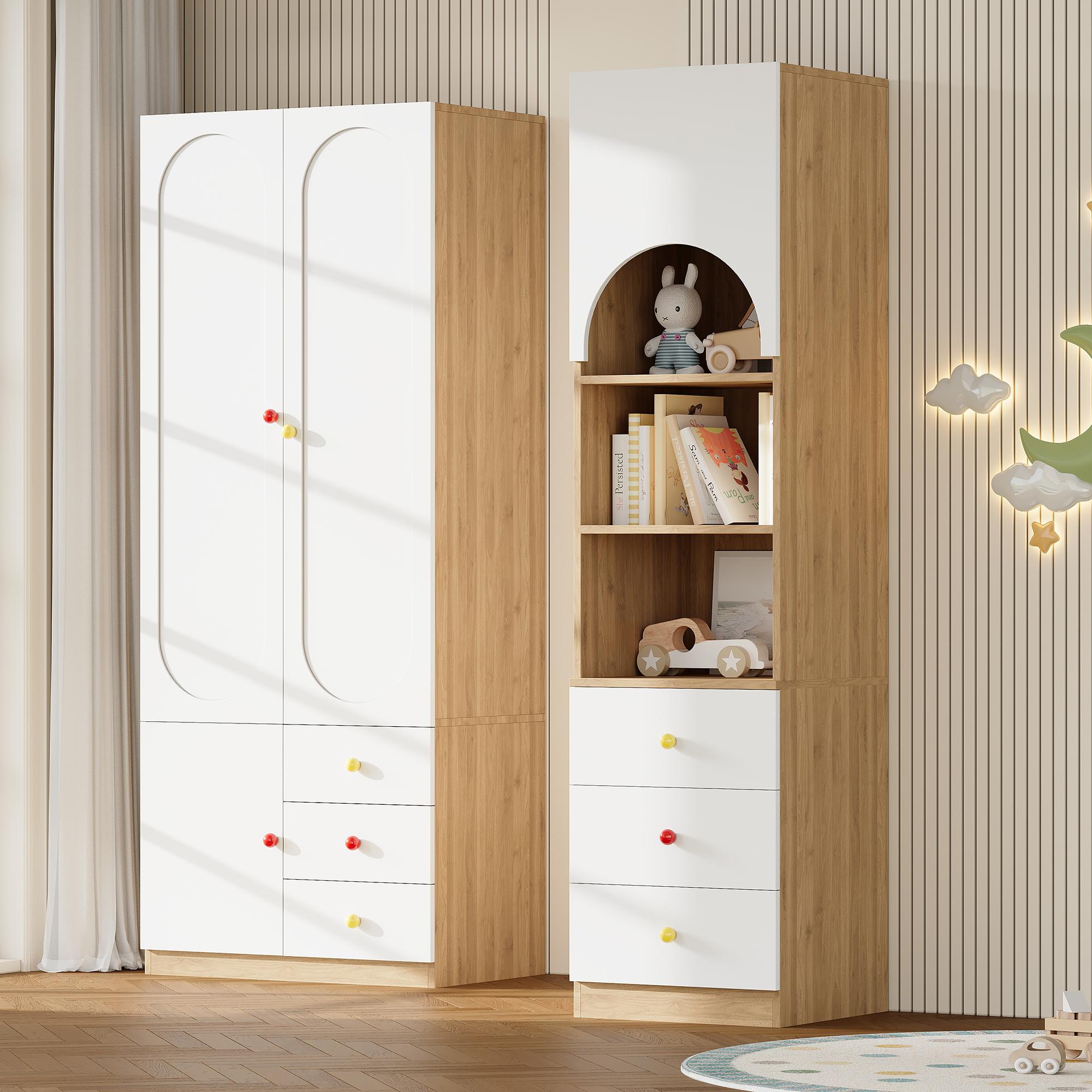 Wardrobe Set, Combination Furniture Consisting Of 2-door Wardrobe And Storage Shelf, Bedroom Furniture, 2-door Wardrobe 80x45x200 Cm, Storage Shelf 50x50x200 Cm, White And Wood Look