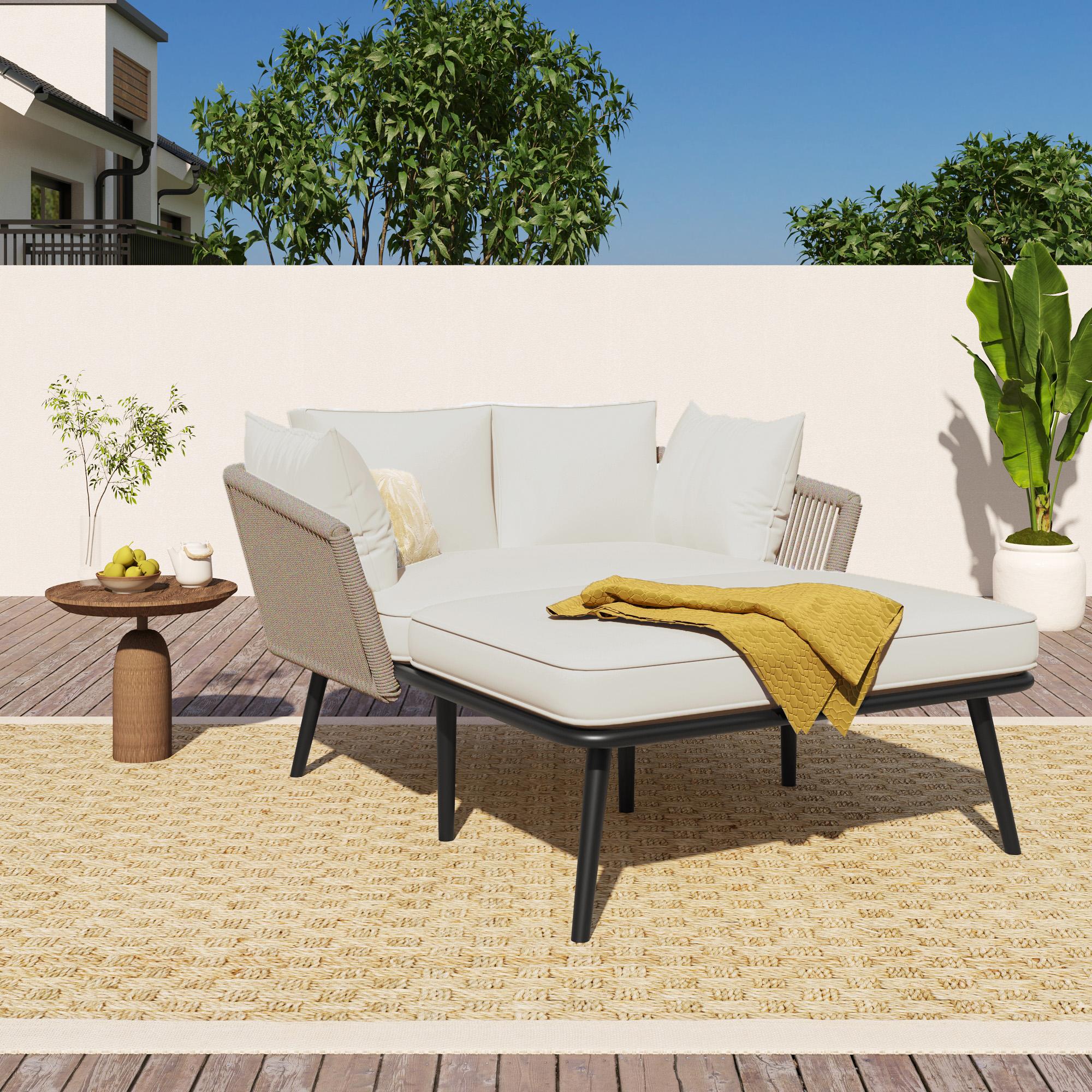 Garden Sofa With 2 Cushions And 2 Cushions,outdoor Sun Lounge, Garden Lounge, Balcony Furniture Set, Lounge Furniture, Terrace Furniture,cushions Are Removable And Washable,beige Fabric  Khaki Rope