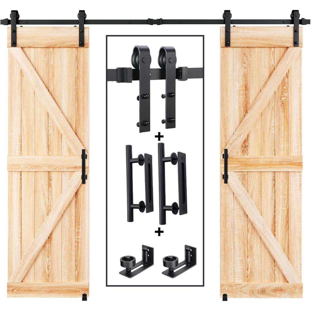 8 FT Double Sliding Barn Door Track And Handle Hardware Kit,Basic J Pulley,Slide Smoothly Quietly,Easy Install 8FT Track Kit For 20-24 Wide Double Door