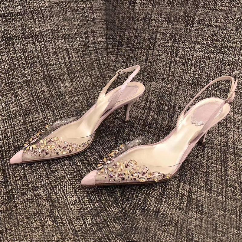 Transparent Rhinestone Pointed Toe Buckle Back Strap Sandals