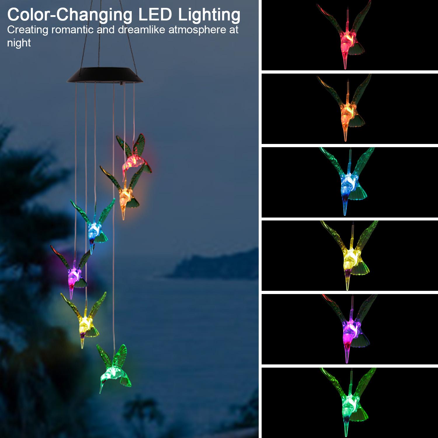 LED Solar Hummingbird Wind Chime For Spring Solar String Lights 6 LEDs Color-Changing IP65 Waterproof Decorative Lamp Lighting For Home Garden Fence Party
