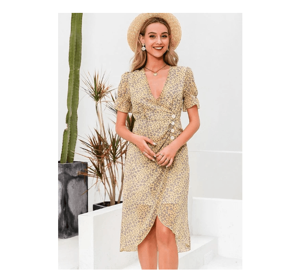 Split V-neck print short sleeve dress