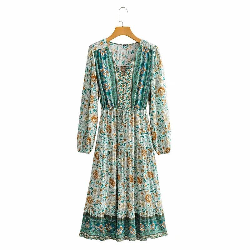 Women's V-neck Printed Long Sleeve Dress