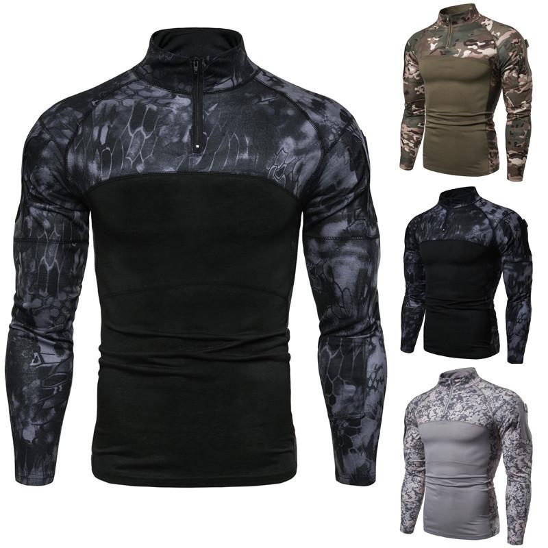 Men's Military Battlefield Outdoor Fitness Camouflage Long Sleeve Zipper Pocket T-Shirt
