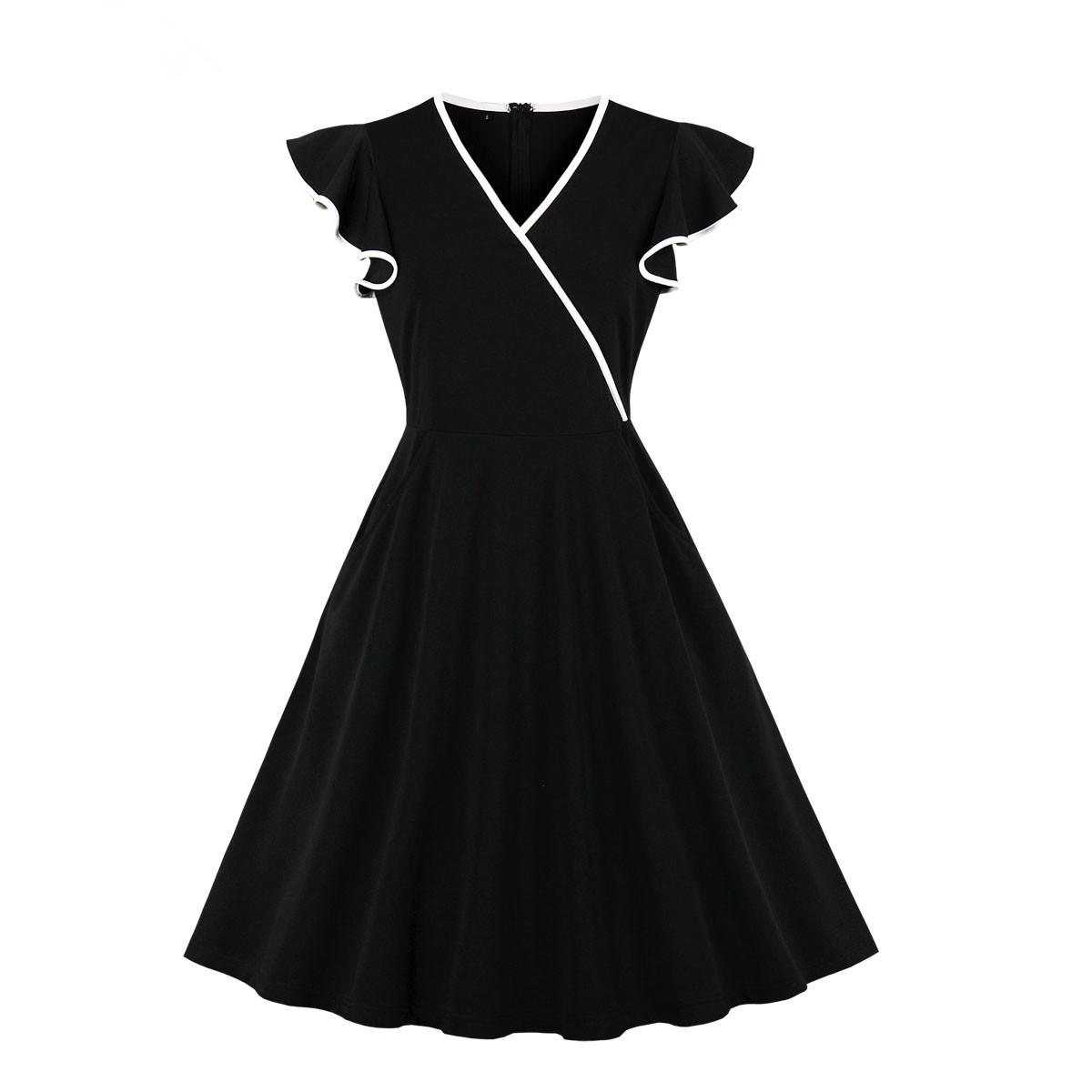 Retro Large Size V-neck Ruffled Sleeveless Dress