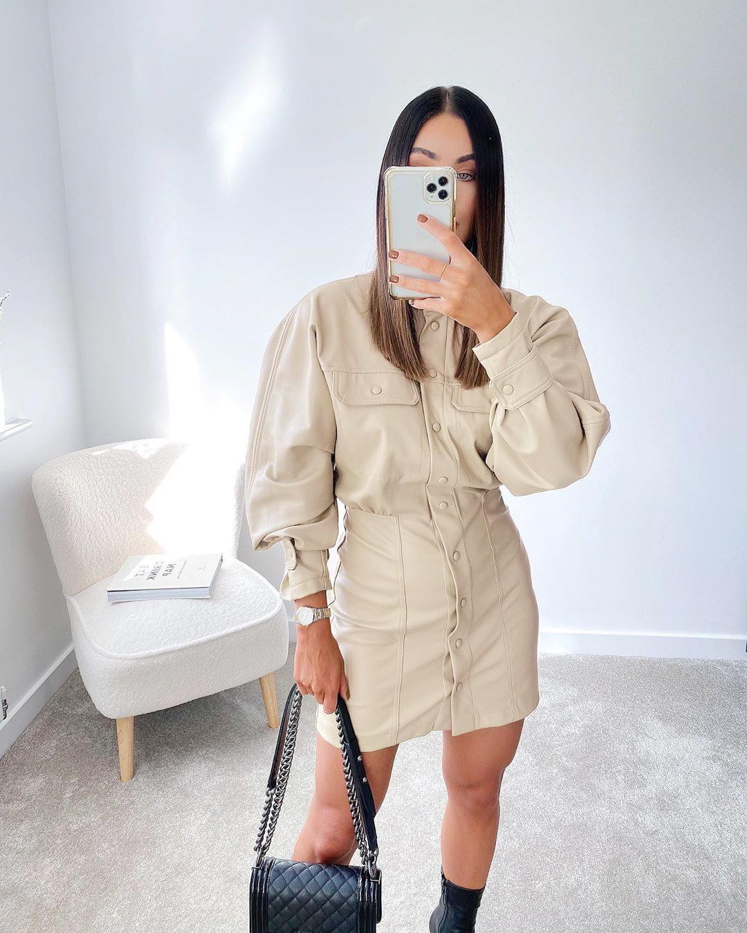 Long sleeve bubble sleeve slim Pu hip skirt
