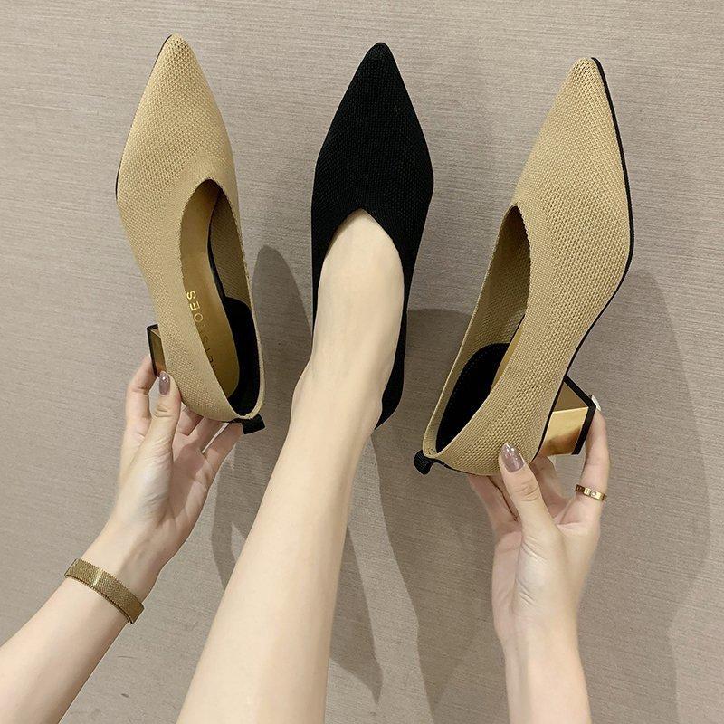 Fashion Retro Women's Pointed Toe Knitted Chunky Heels