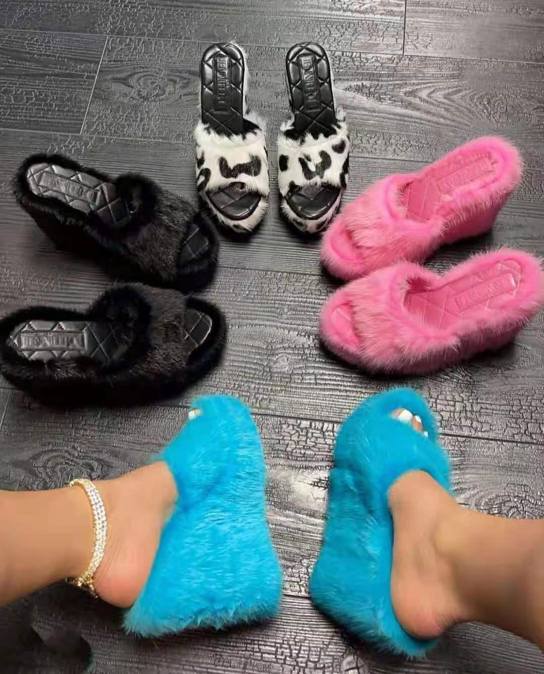 Mink Fur Slippers Platform Wedge Heel Fashion Outdoor Women's Shoes