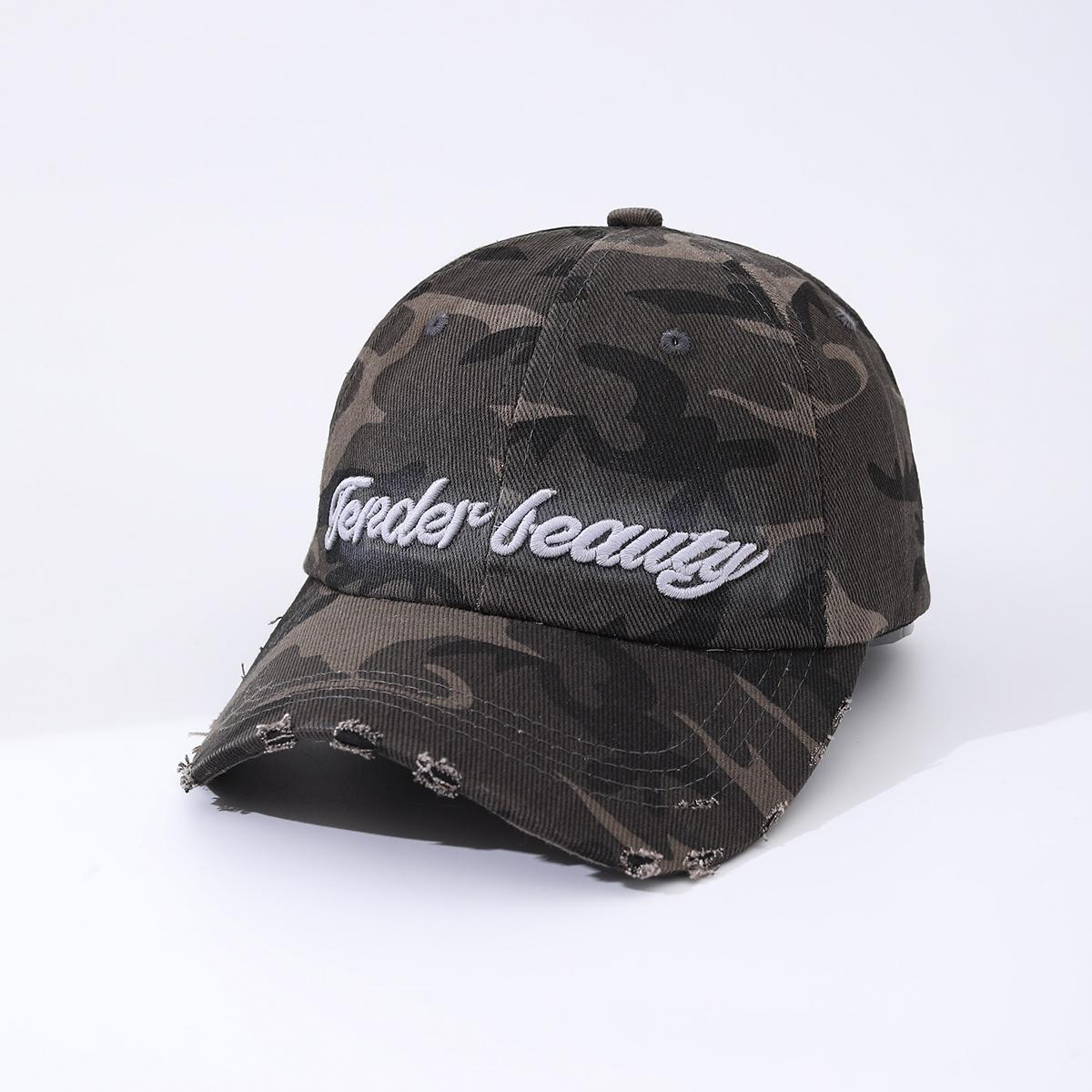 Camouflage Embroidered English Letters Beveled Frayed Washed Vintage Retro Casual Baseball Cap Suitable For Outdoor Activities, Street Dates