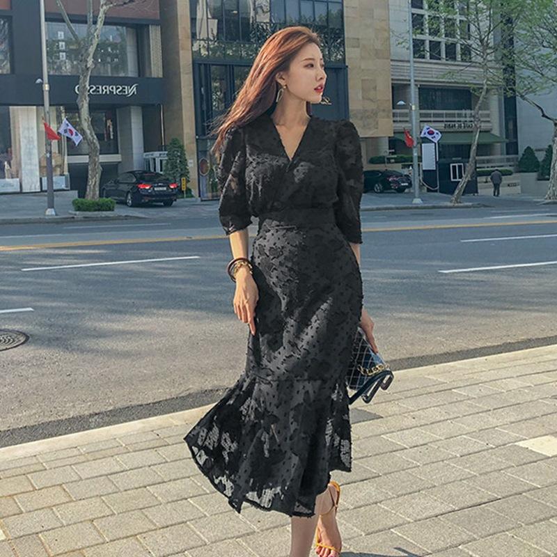 Women's New V-Neck Fake Two Piece High Waist Fishtail Chiffon Dress