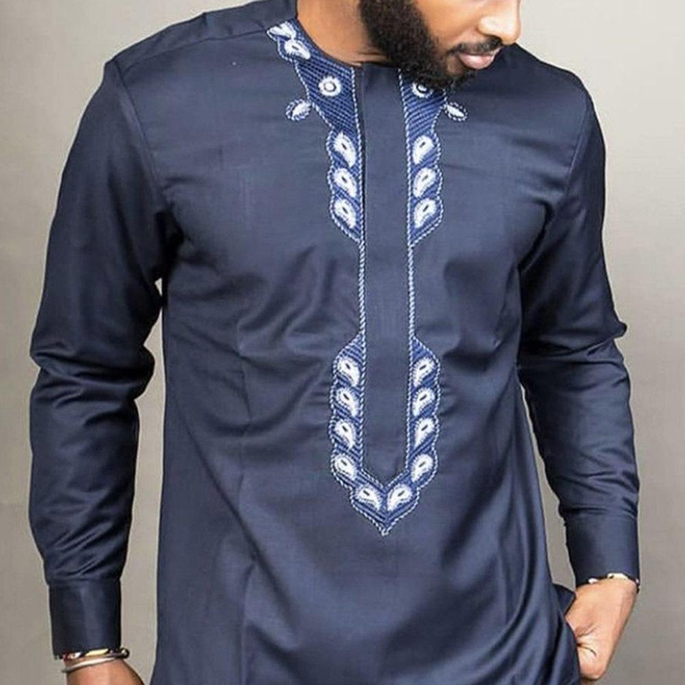 Youth Casual Embroidered Cotton Crew Neck Navy Blue
