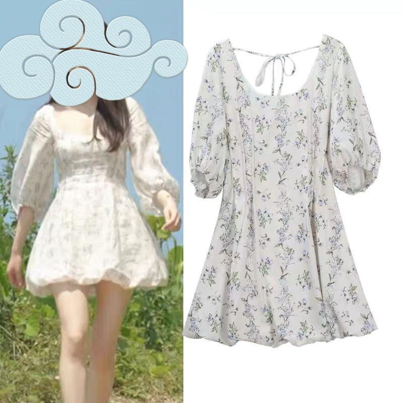Women's Floral Chiffon Puff Sleeve Waist Dress
