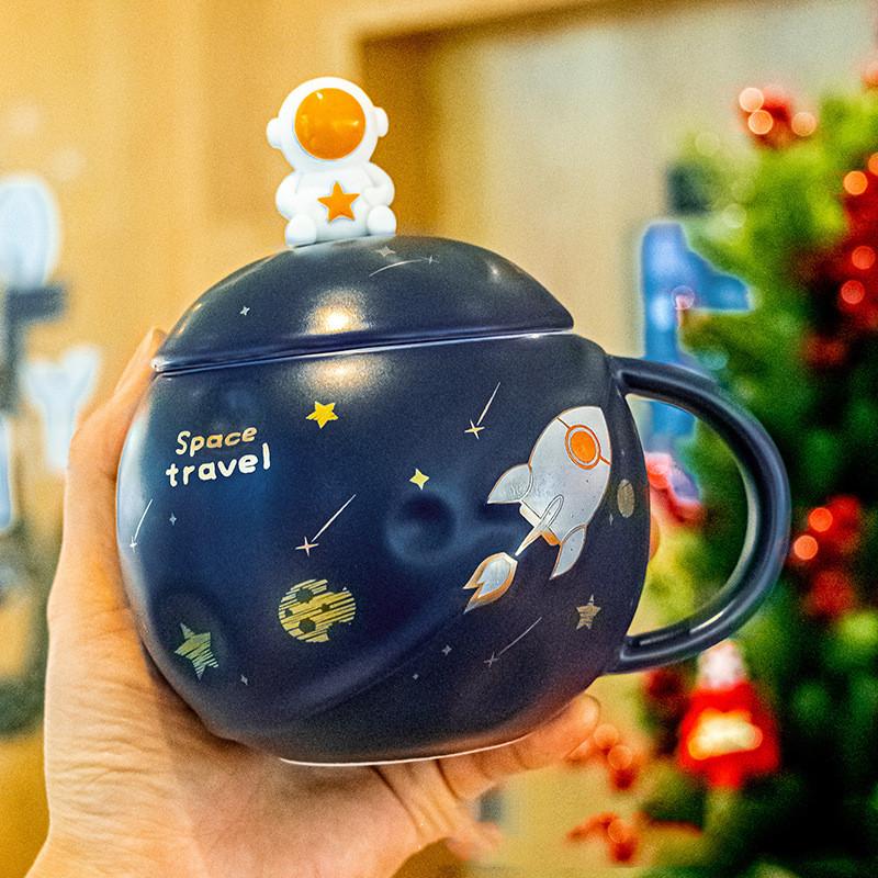 Astronaut Planet Mark Cup Ceramic Couple Office Coffee Spoon With Lid