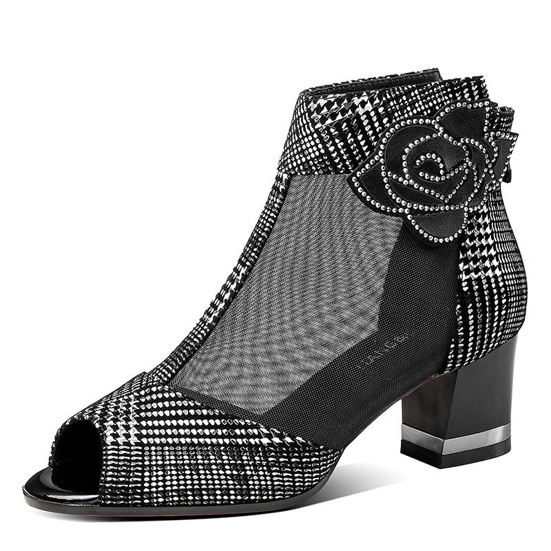 Color Block Thick Heel Sandals Mesh Fish Mouth Sandals Stiletto Boots High Heels