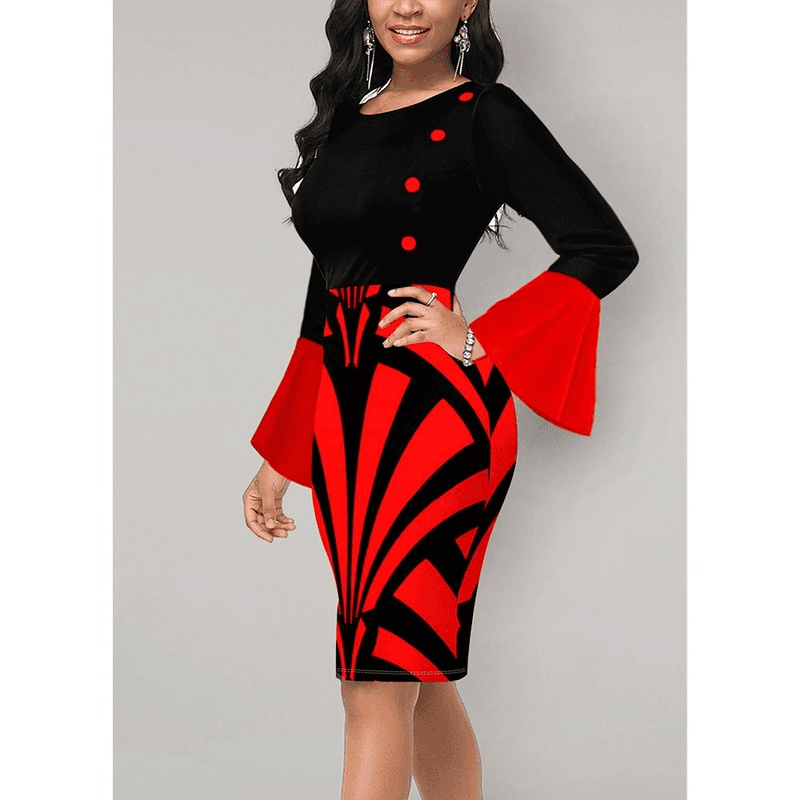 Women's Geometric Print Flared Sleeve Crew Neck Dress