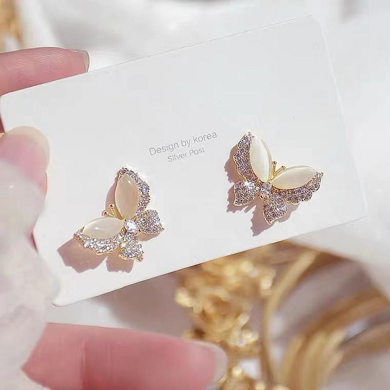 Micro Set Zircon Full Diamond Opal Butterfly Stud Earrings