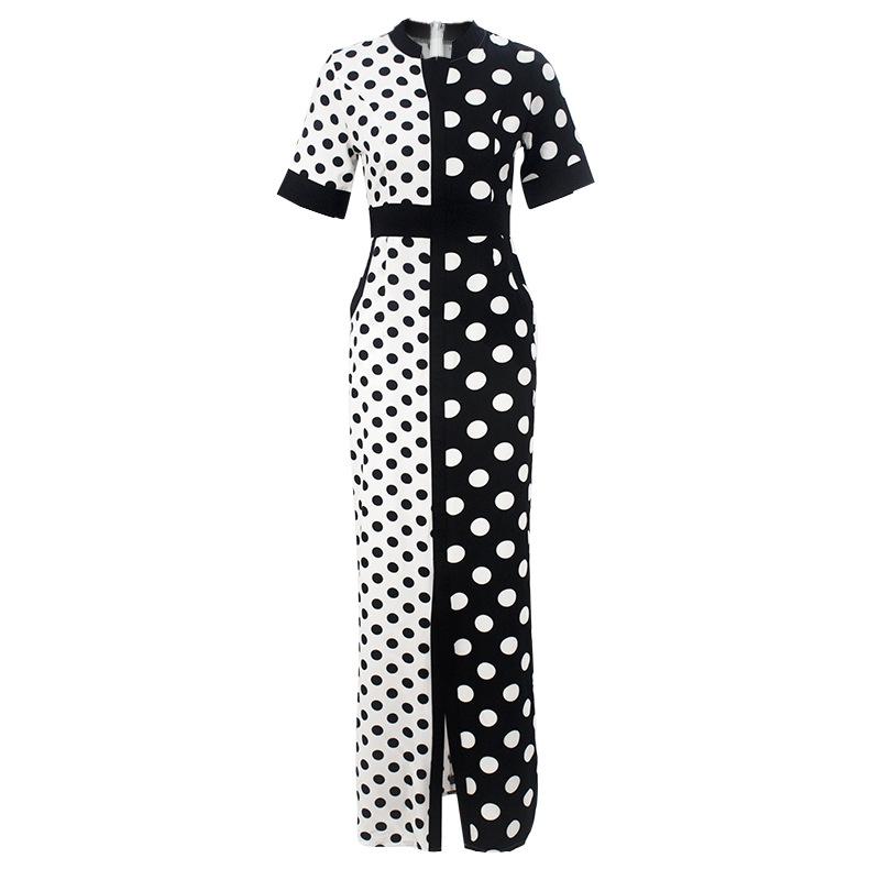Women's Waist Waist Black And White Polka Dot Stitching Slimming Dress