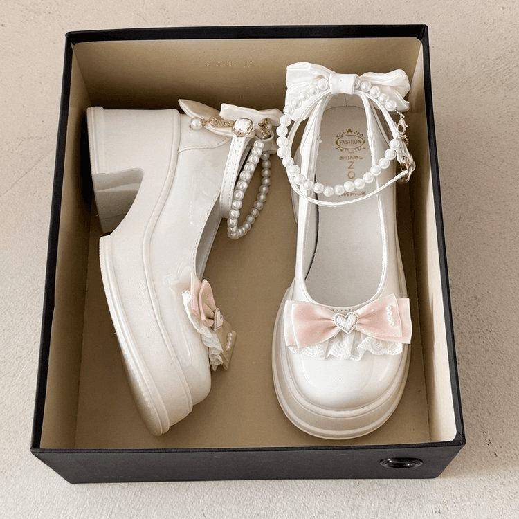 Sweet Pearl Bow Platform Mary Janes 2026 New Lolita Style Chunky Heel Pumps