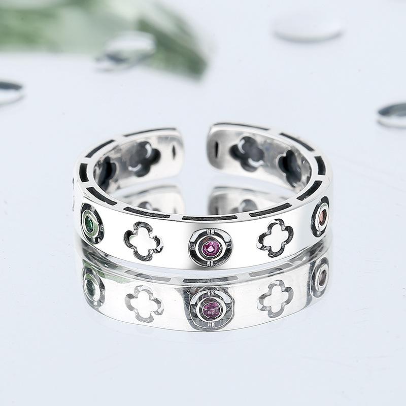 S925 Sterling Silver Lucky Clover Hollow Out Old Bone Flower Ring