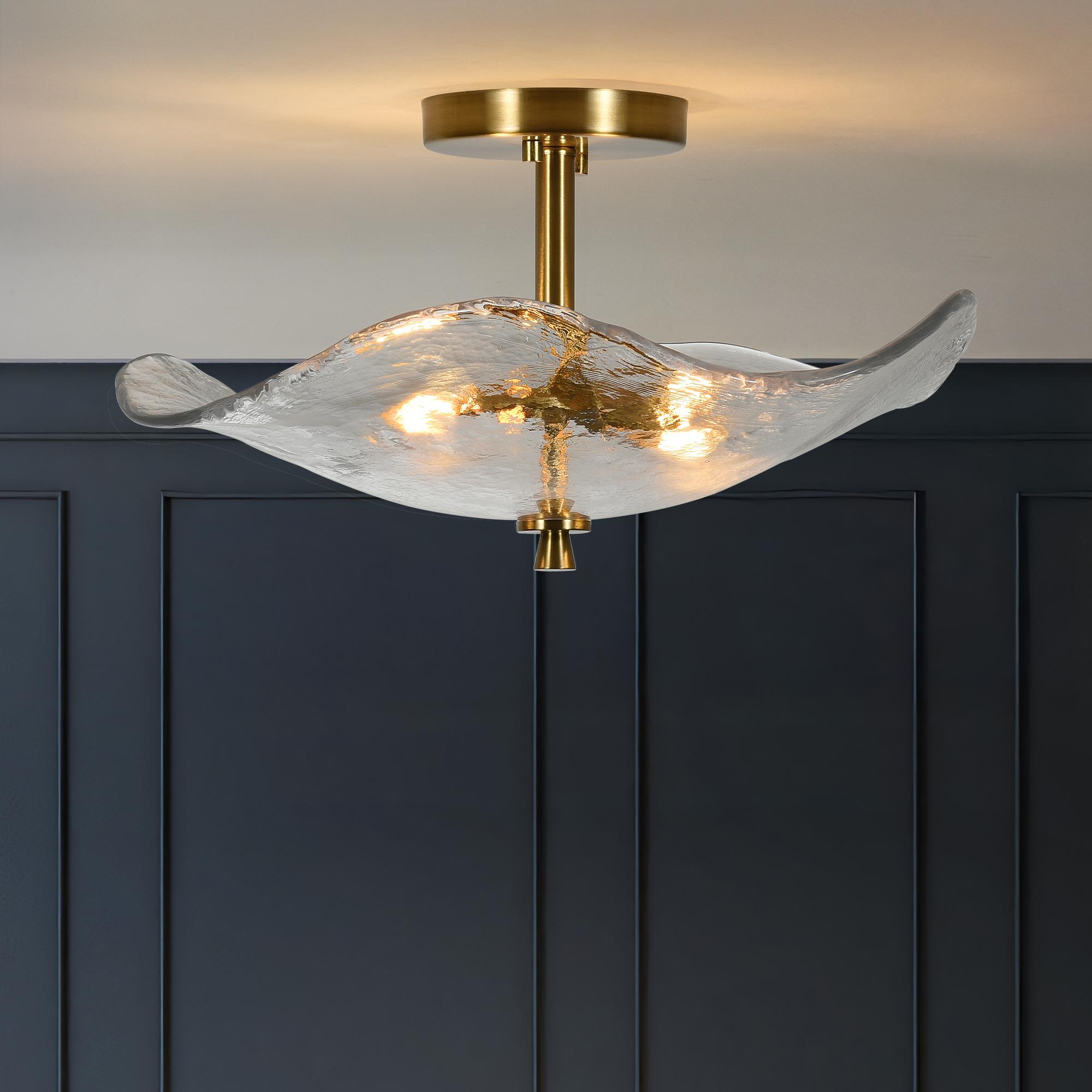 16.5inch Glass Semi Flush Mount Ceiling Light Fixture, 2-Lights Close To Ceiling Light, Modern Gold Ceiling Light Fixture For Bedroom Bathroom Hallway Entryway Kitchen Dining Room