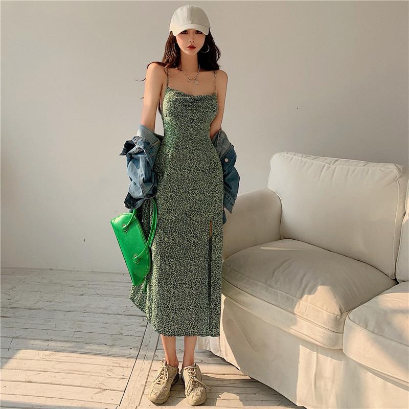 High-waisted Temperament Is Thin And Split Floral Dress French Retro Mid-length Skirt