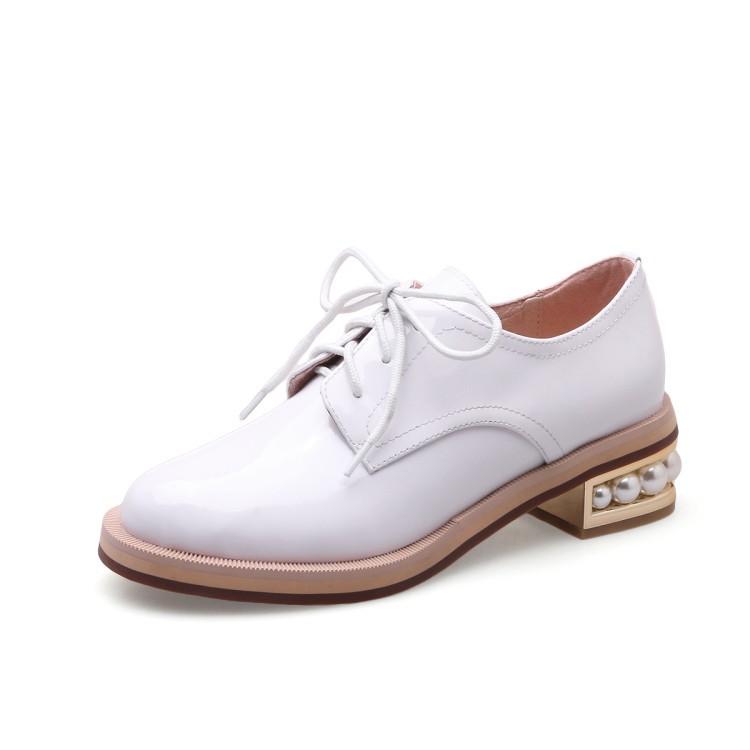 Spring And Autumn Shiny Round Toe Small Leather Shoes Mid-heel Platform