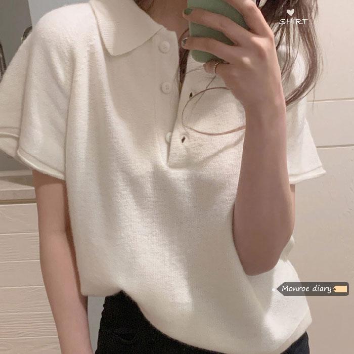 Short Knit Sweater Thin Women's Polo Collar Short Sleeve Loose Top Base Sweater