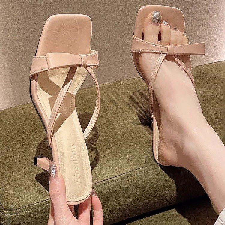 Bow Shaped Square Headed Slippers For Women, French Fashion, Casual, Daily High Heels, Cool Slippers