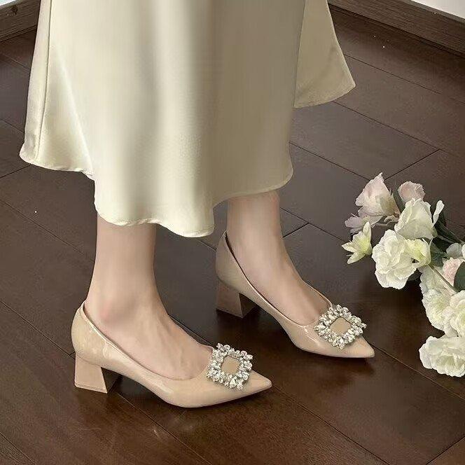 2026 French Elegant Pointed Toe Low Cut Shoes For Women, Rhinestone Square Buckle, Commute Casual Block Heel Pumps