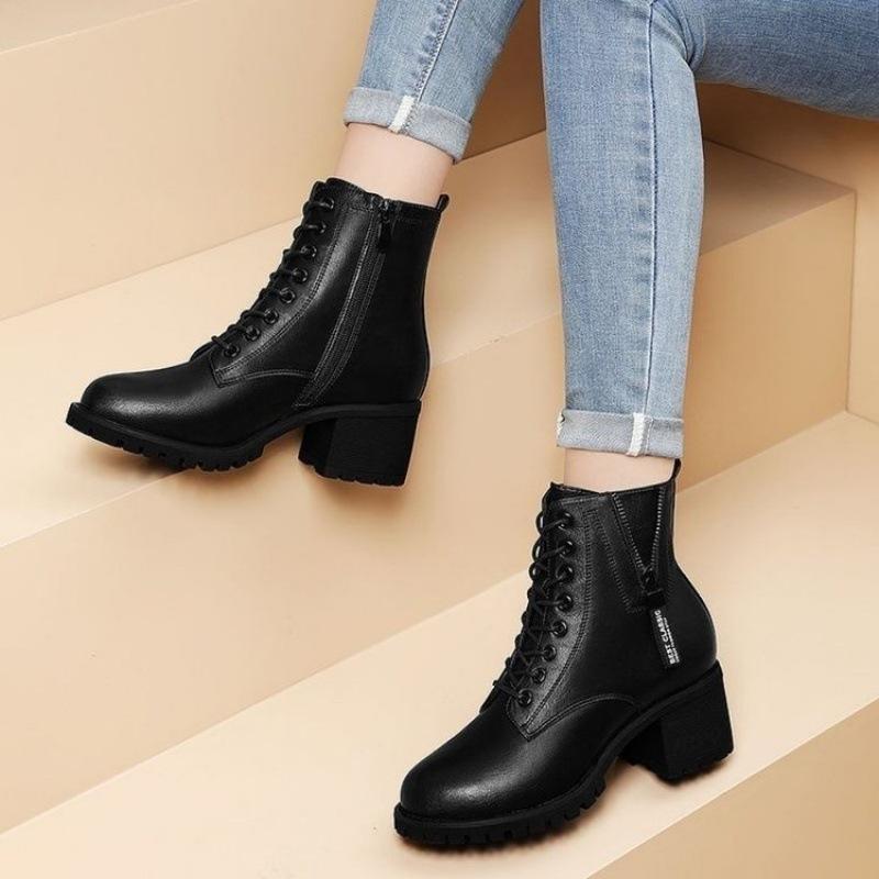 Women's Round Toe Rubber PU Zipper Chunky Heel Boots