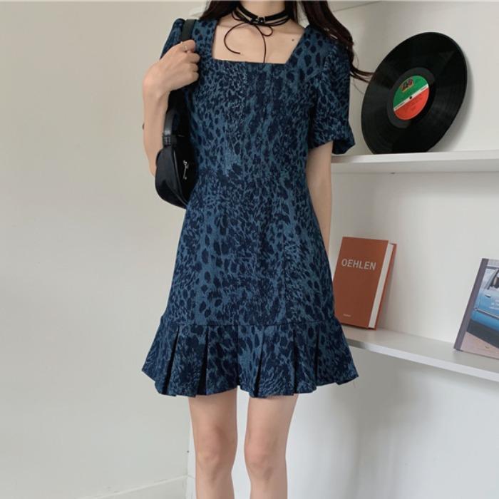 Women's Floral Blue Pile Collar Dress