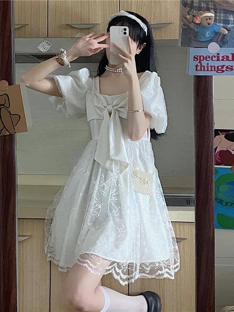 Women's Narrow Waist And Slim Bow Square Neck Short Sleeve Dress