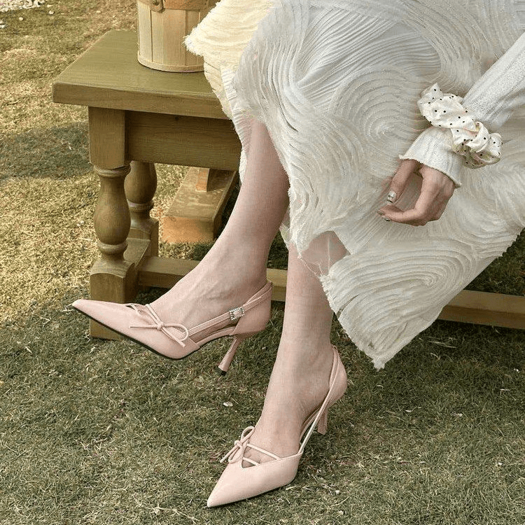 Women's Black Pointed Toe Stiletto Pumps Elegant Cutout Bow Closed Toe High Heels Spring Summer New