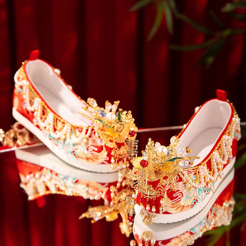 Original Handmade Dragon And Phoenix Xiuhe Hanfu Shoes, Chinese Wedding Shoes For Brides, Embroidered Phoenix Crown And Robe Style Platform Shoes For Women