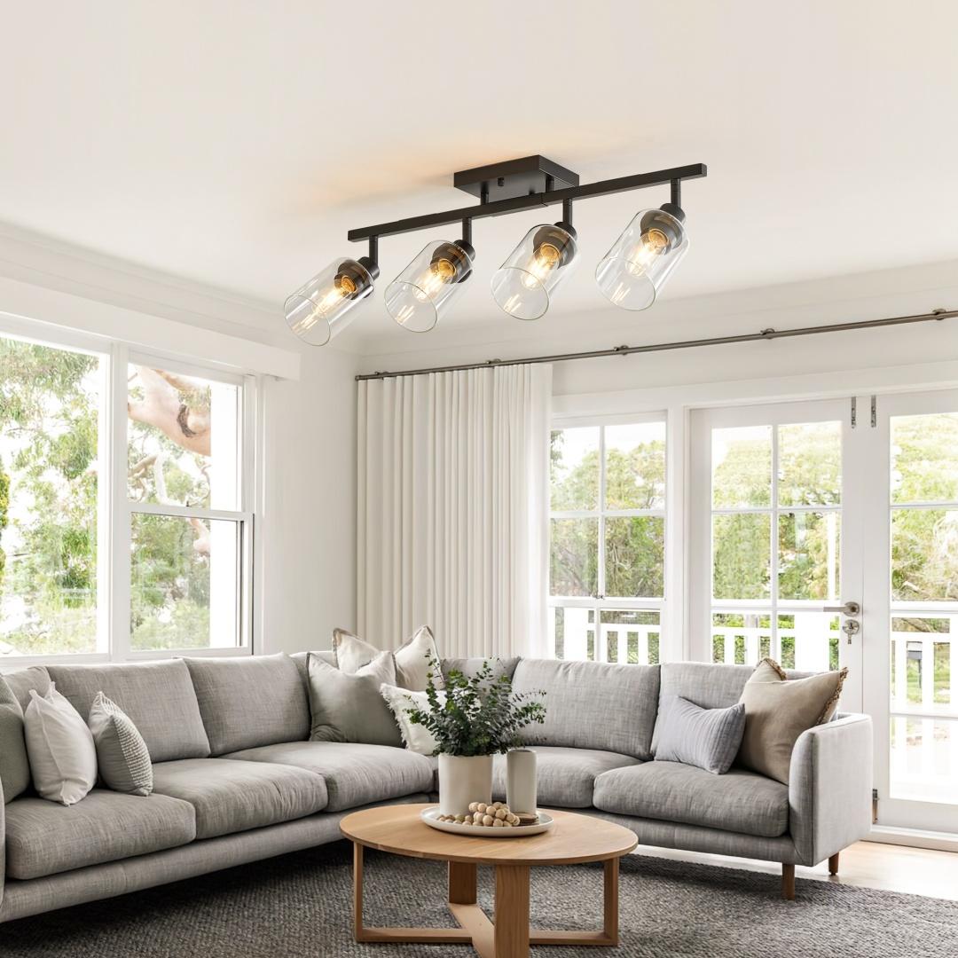 4-Lights Track Lighting Fixtures Ceiling With Clear Glass Shades, Modern Black Semi Flush Mount Ceiling Light, Rotatable Wall Mount Ceiling Lamp For Kitchen Hallway Bedroom Bulb Not Included