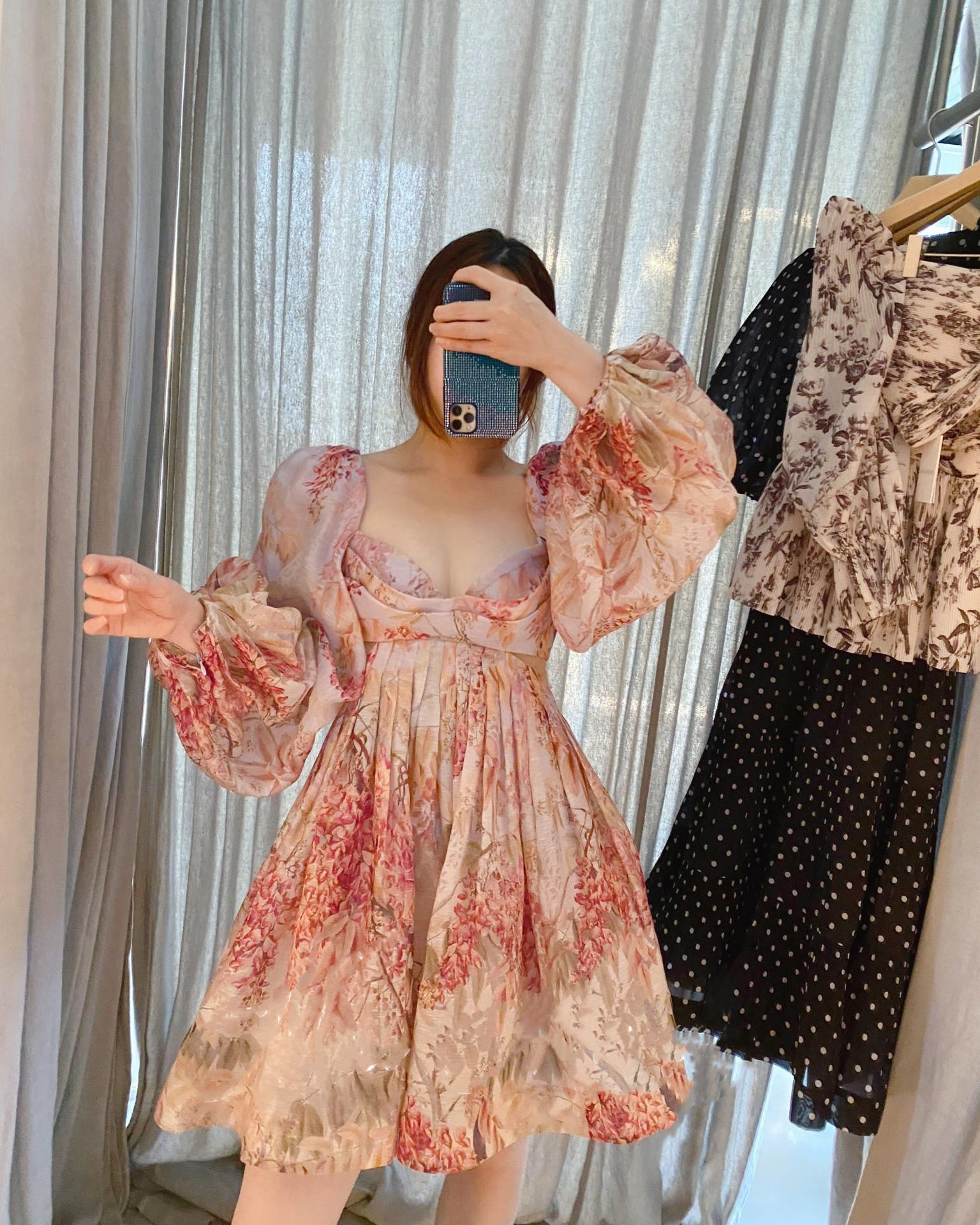 Backless Print Vintage Court Lantern Sleeve Resort Dress