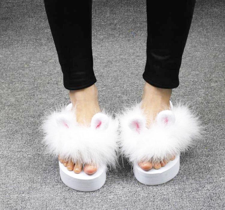 Hand-made Cute Rabbit Ears Fur Shoes Ostrich Fur Super Fairy Flip-flops Platform Shoes
