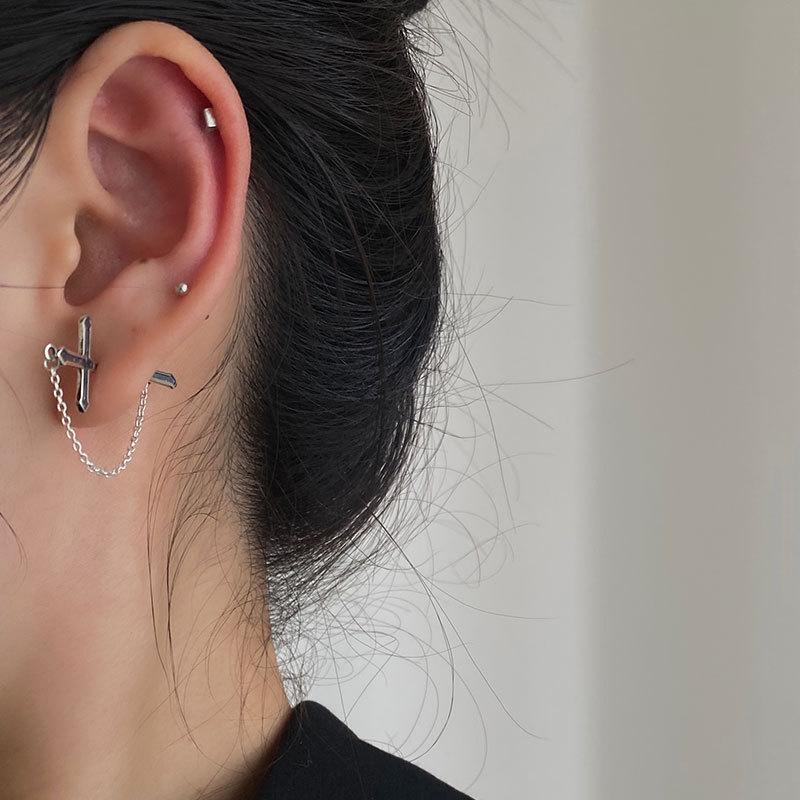Sterling Silver Cross Vintage Chain Stud Earrings