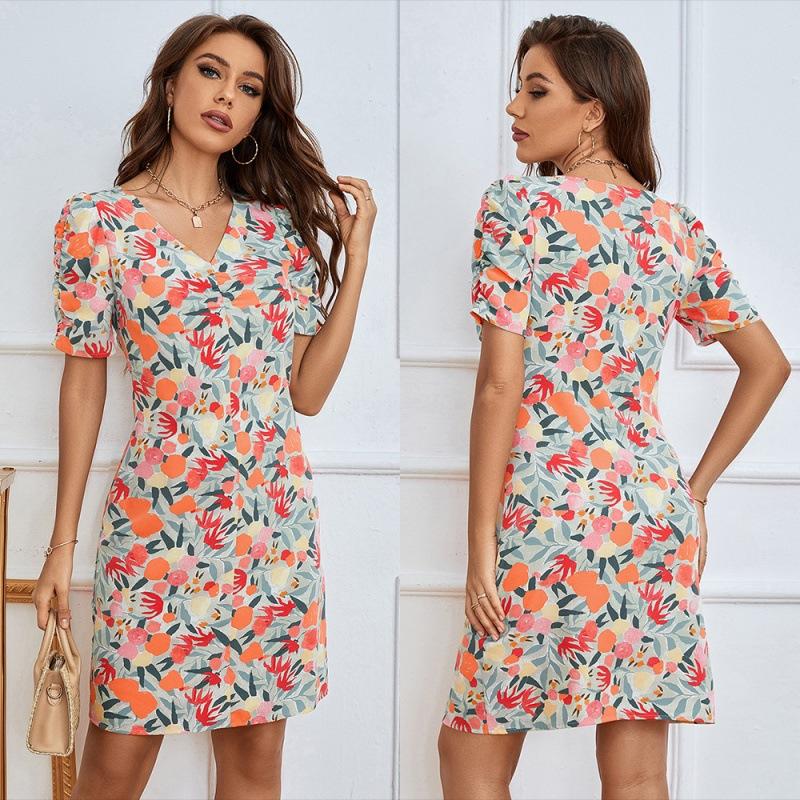 Women's Waist Slim Printed V-neck Short-sleeved Dress