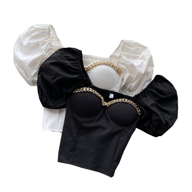 Top Women's Design Sense Niche Chain Tube Top Slim Short All-match Age-reducing Bubble Sleeve T-shirt