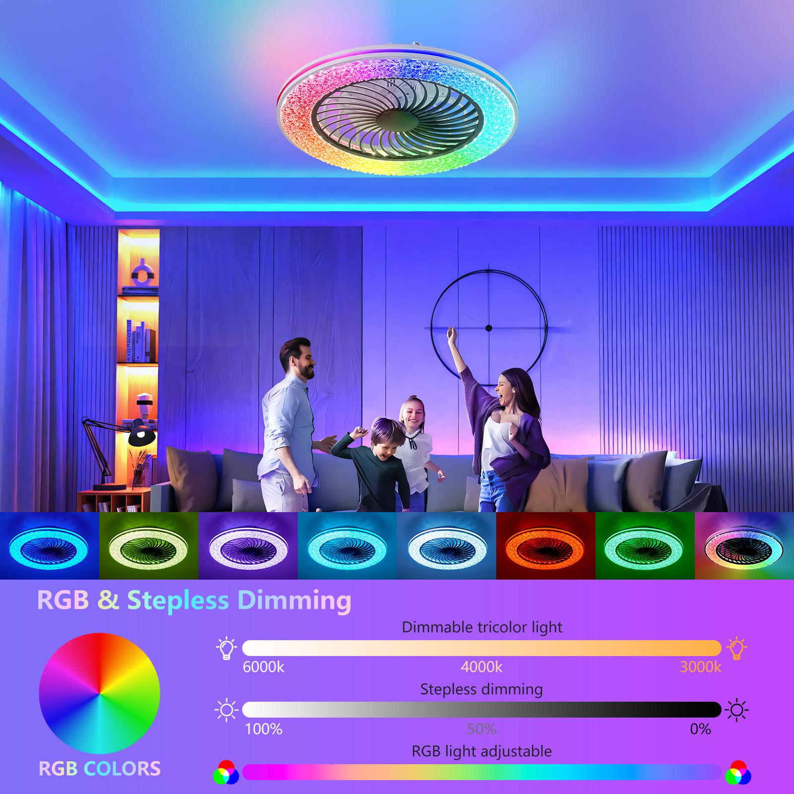 23 Inch Led Enclosed Ceiling Fans With Lights, RGB Bladeless Modern Ceiling Fan Low Profile For Living Room  23 Inch