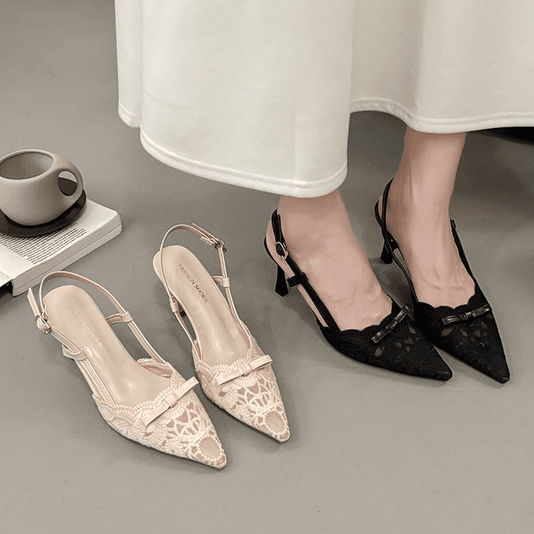 French Lace Hollow High Heels, Women One-strap Stiletto Pointed Closed-toe Sandals, New Chinese Style Sexy Open-back Sandals