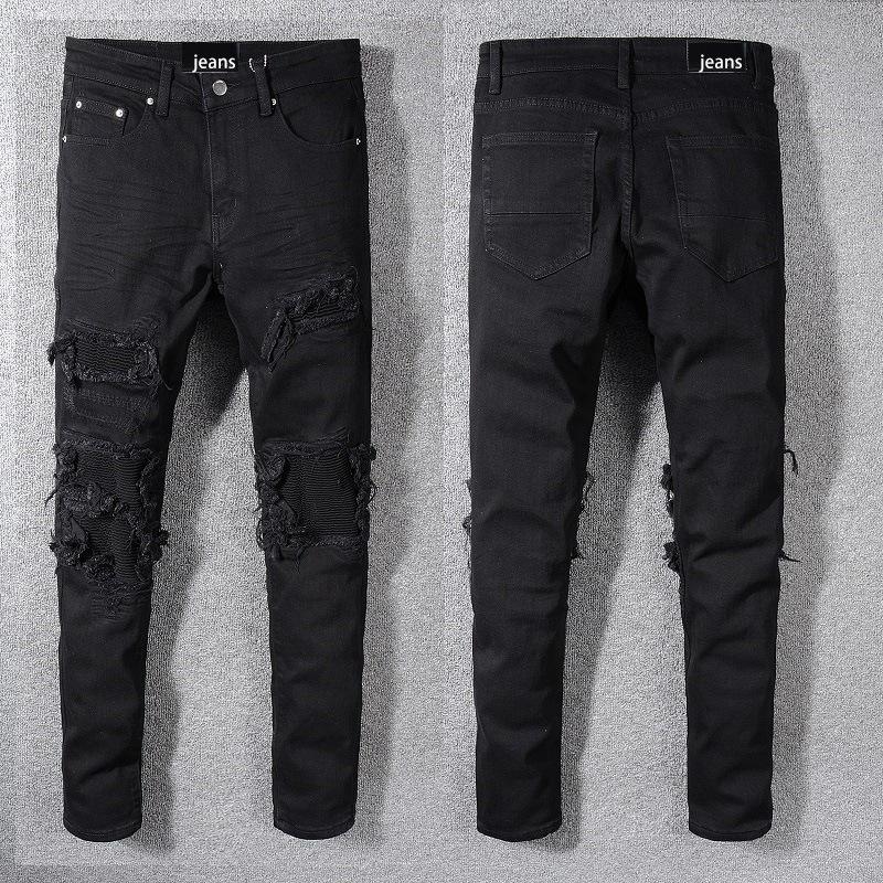 Foreign Trade Men's Black Patch Jeans Simple