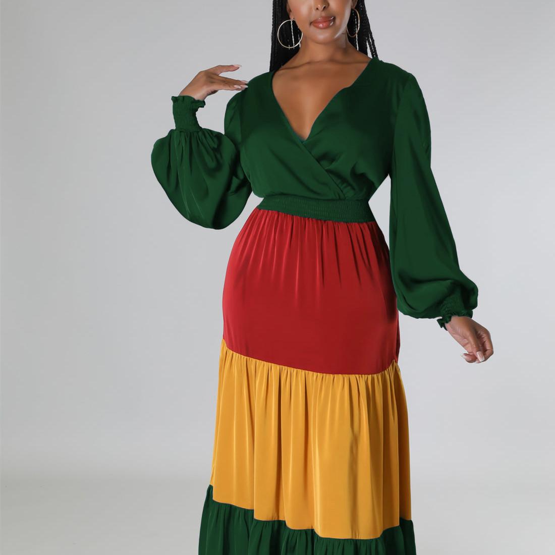 Long Sleeve V-neck Temperament Waist-controlled Long Dress