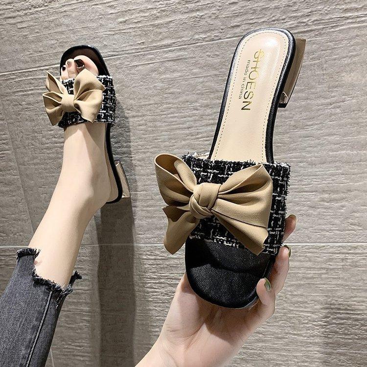 Fish Tip Bow Slippers Ladies' Thick Heel Toe