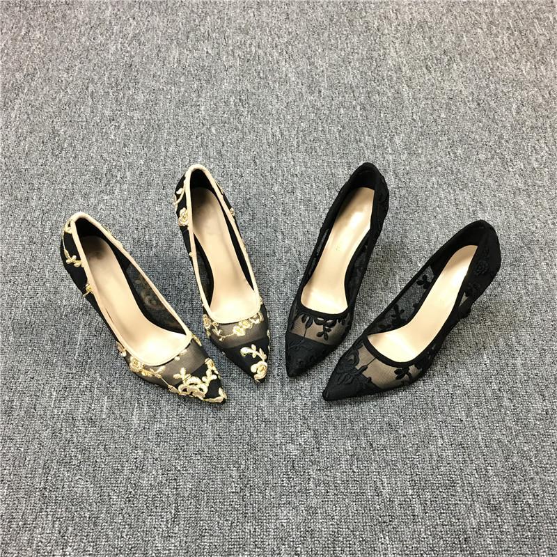 Shallow High Heels Stiletto Pointed Flower Mesh Lace All-match Single Shoes